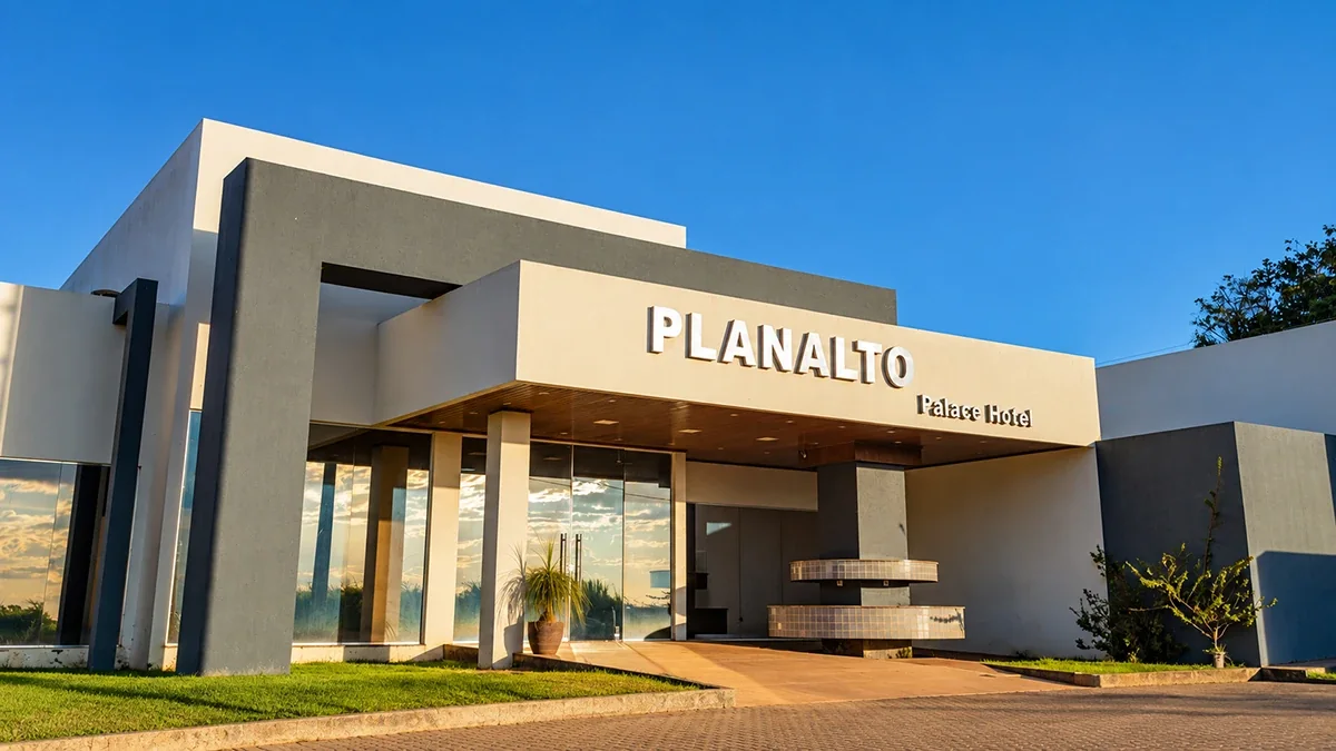 Fachada e entrada do Planalto Palace Hotel em Rurópolis, com o nome do hotel sobre a marquise.